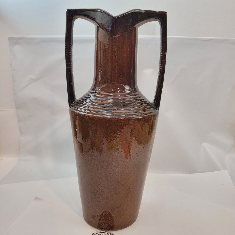 Pottery Vase 4688P Vintage Modern Brown Glazed Ribbed Dual Handle 14"‎